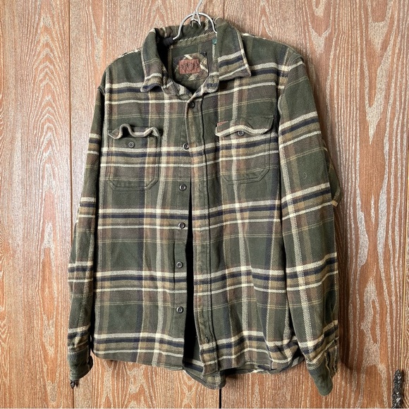 Orvis Men Big Bear Heavyweight Double Brushed Green Lg Flannel Button Down Shirt - Picture 2 of 9